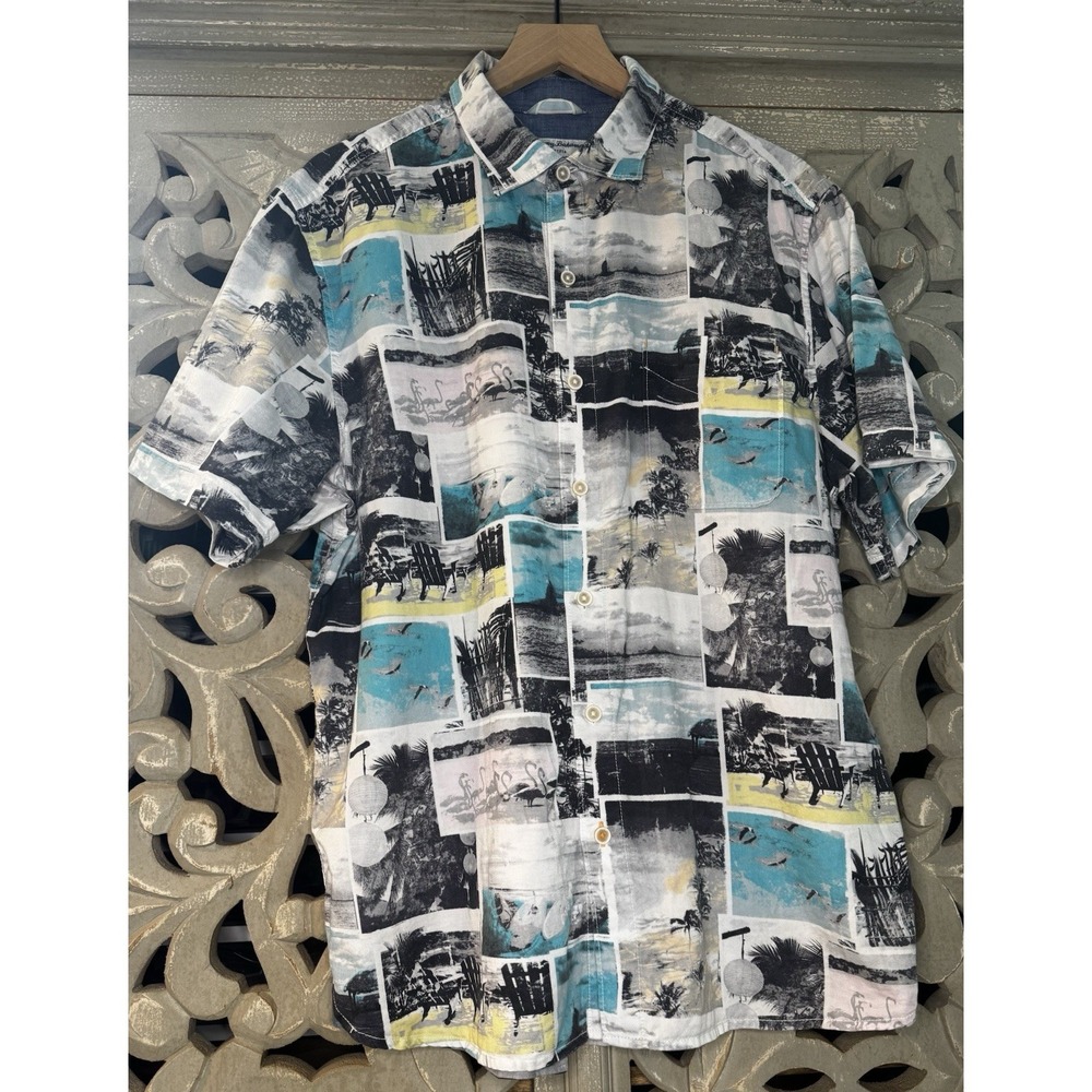Tommy Bahama Tortola Mens L Beach Scene Camp Shirt Tencel Cotton Tropical Aloha